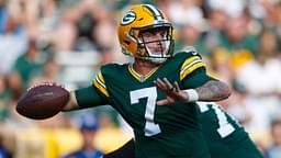 Aug 21, 2021; Green Bay, Wisconsin, USA; Green Bay Packers quarterback Kurt Benkert (7) throws a pass during the third quarter against the New York Jets at Lambeau Field.