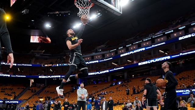 Golden State Warriors guard Stephen Curry (30) dunks the ball before the start of the game against the Sacramento Kings during game three of the 2023 NBA playoffs at the Chase Center.