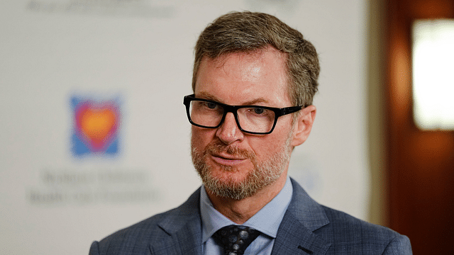 NASCAR legend Dale Earnhardt Jr. talks to media following the Memorial Tournament Legends Luncheon at the Ohio Union. Earnhardt emceed the event.