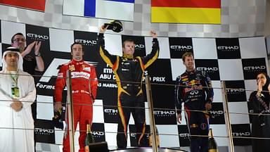 Podium: Kimi Räikkönen (FIN) Lotus F1 Team E20 (race winner), Fernando Alonso (ESP) Scuderia Ferrari F2012 (2nd position) and Sebastian Vettel (GER) Red Bull Racing RB8 (3rd position) 2012 Abu Dhabi Grand Prix