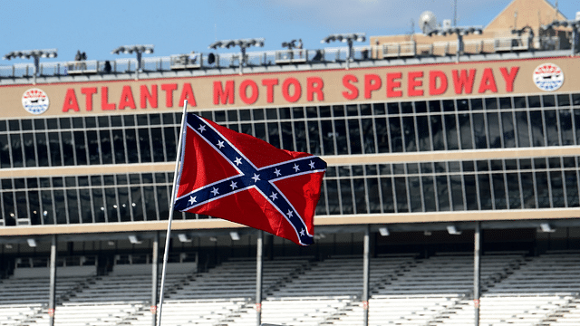 A Confederate flag is seen in the infield prior to qualifying for the Folds of Honor QuikTrip 500 at Atlanta Motor Speedway.