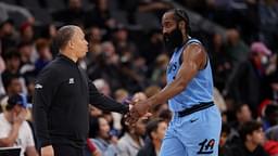 Los Angeles Clippers guard James Harden (1) is greeted by head coach Tyronn Lue during the first quarter against the Utah Jazz at Intuit Dome.