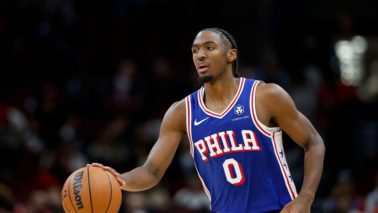 Philadelphia 76ers guard Tyrese Maxey (0) brings the ball up court against the Chicago Bulls during the second half at United Center.