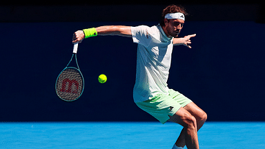 Stefanos Tsitsipas of Greece plays a shot against Zizou Bergs (not pictured) of Belgium in Round 1 of the Men's Singles on Day 2 of the Australian Open