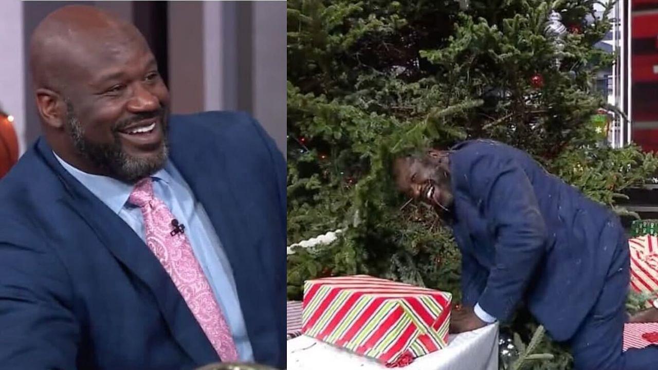 Shaquille O'Neal jumps on the Christmas tree at Studio J