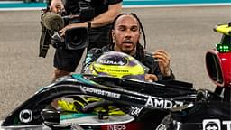 ABU DHABI, UNITED ARAB EMIRATES - DECEMBER 08: Lewis Hamilton of Great Britain and Mercedes reacts after performing donuts on track for his final race with Mercedes during the F1 Grand Prix of Abu Dhabi at Yas Marina Circuit on December 08, 2024 in Abu Dhabi, United Arab Emirates