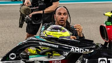 ABU DHABI, UNITED ARAB EMIRATES - DECEMBER 08: Lewis Hamilton of Great Britain and Mercedes reacts after performing donuts on track for his final race with Mercedes during the F1 Grand Prix of Abu Dhabi at Yas Marina Circuit on December 08, 2024 in Abu Dhabi, United Arab Emirates