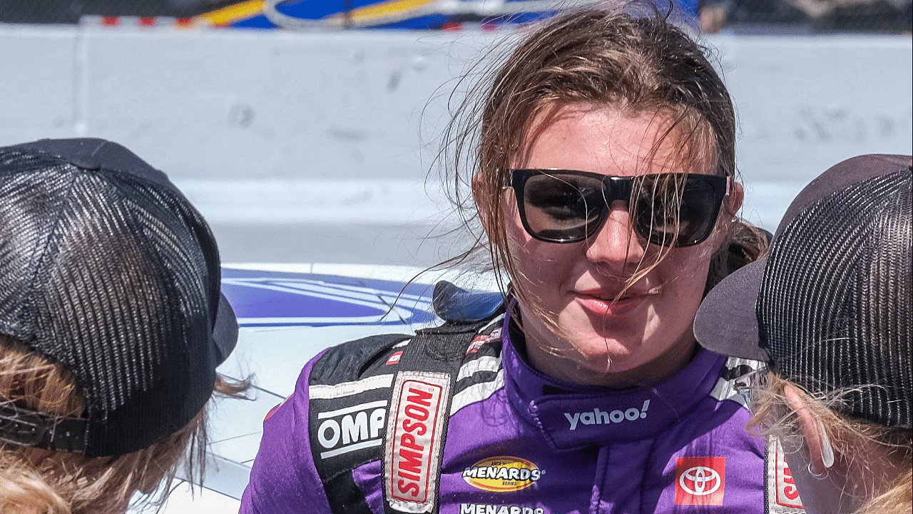 Isabella Robusto, driver of the 55 Toyota for Yahoo, talks with friends before the start of the ARCA Menards Series West General Tire 200 race on June 07, 2024, at Sonoma Raceway in Sonoma, CA.