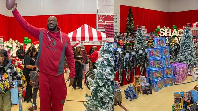 Shaquille O'Neal (L) and Shaq's gift for children (R)