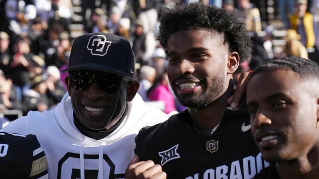 Nov 29, 2024; Boulder, Colorado, USA; Colorado Buffaloes safety Shilo Sanders (21) and head coach Deion Sanders and quarterback Shedeur Sanders (2) and social media producer Deion Sanders Jr. following the win against the Oklahoma State Cowboys at Folsom Field.