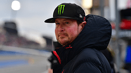 Kurt Busch reacts after his brother NASCAR Cup Series driver Kyle Busch (8) wins the Pala Casino 400 at Auto Club Speedway.