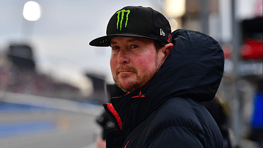 Kurt Busch reacts after his brother NASCAR Cup Series driver Kyle Busch (8) wins the Pala Casino 400 at Auto Club Speedway.