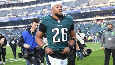 Dec 8, 2024; Philadelphia, Pennsylvania, USA; Philadelphia Eagles running back Saquon Barkley (26) runs off the field after win against the Carolina Panthers at Lincoln Financial Field.