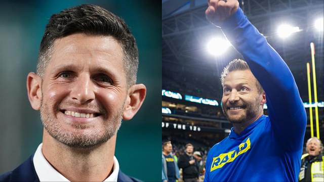 Dan Orlovsky smiling, Rams head coach Sean McVay smiling and pointing