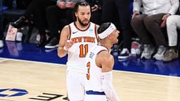 New York Knicks guard Josh Hart (3) celebrates with guard Jalen Brunson (11) in the fourth quarter against the Philadelphia 76ers in game one of the first round for the 2024 NBA playoffs at Madison Square Garden.