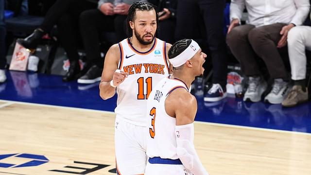 New York Knicks guard Josh Hart (3) celebrates with guard Jalen Brunson (11) in the fourth quarter against the Philadelphia 76ers in game one of the first round for the 2024 NBA playoffs at Madison Square Garden.