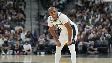 San Antonio Spurs guard Chris Paul (3) looks over in the second half against the Portland Trail Blazers at Frost Bank Center.