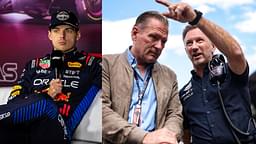 Max Verstappen (L), Jos Verstappen and Christian Horner (R)