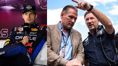 Max Verstappen (L), Jos Verstappen and Christian Horner (R)