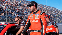 NASCAR Cup Series driver Chase Briscoe (14) laughs with his crew as they move up in line during cup qualifying at Martinsville Speedway.