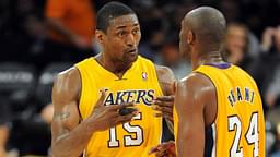 Los Angeles Lakers shooting guard Kobe Bryant (24) and small forward Metta World Peace (15) talk during during a time out in game against the Indiana Pacers at the Staples Center.