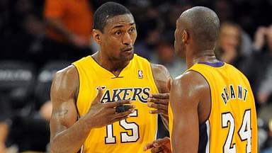 Los Angeles Lakers shooting guard Kobe Bryant (24) and small forward Metta World Peace (15) talk during during a time out in game against the Indiana Pacers at the Staples Center.