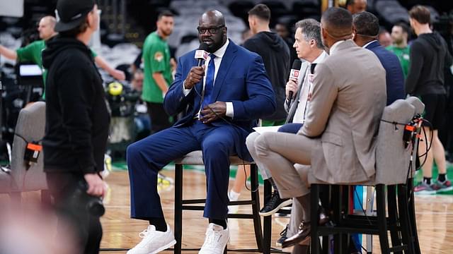 Shaquille O'Neal speaks on a broadcast before game two between the Boston Celtics and the Dallas Mavericks in the 2024 NBA Finals at TD Garden.