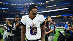 Baltimore Ravens quarterback Lamar Jackson (8) reacts following the victory against the Los Angeles Chargers at SoFi Stadium.