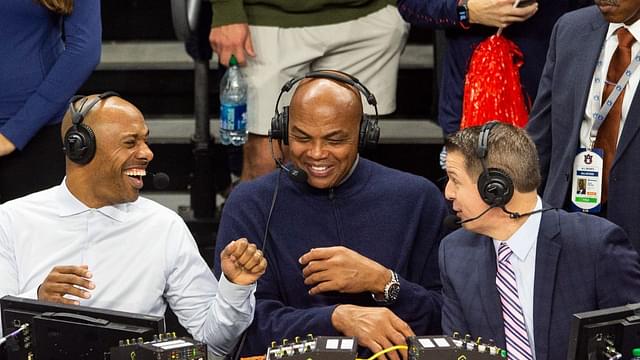 Former Auburn basketball player Charles Barkley jokes with announcers Jay Williams, left, and Roxy Bernstein, right, as Auburn Tigers take on USC Trojans at Neville Arena in Auburn, Ala., on Sunday, Dec. 17, 2023. Auburn Tigers defeated USC Trojans 91-75.