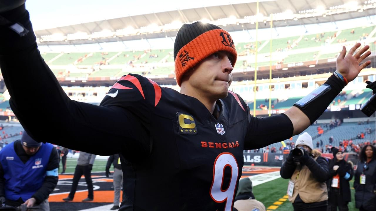 Cincinnati Bengals quarterback Joe Burrow (9) celebrates a win against the Cleveland Browns at Paycor Stadium.