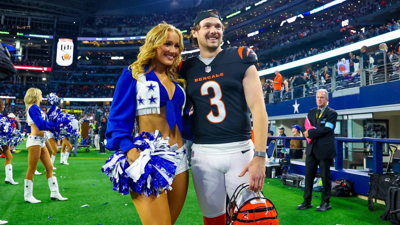 Cincinnati Bengals kicker Cade York (3) takes a photo with his Dallas Cowboys cheerleader girlfriend Zoe Dale after the game against the Dallas Cowboys at AT&T Stadium.