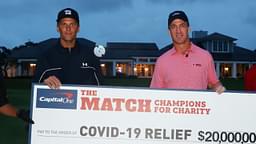 May 24, 2020; Hobe Sound, FL, USA; Tiger Woods and former NFL player Peyton Manning celebrate defeating Phil Mickelson and NFL player Tom Brady of the Tampa Bay Buccaneers on the 18th green during The Match: Champions for Charity golf round at the Medalist Golf Club.