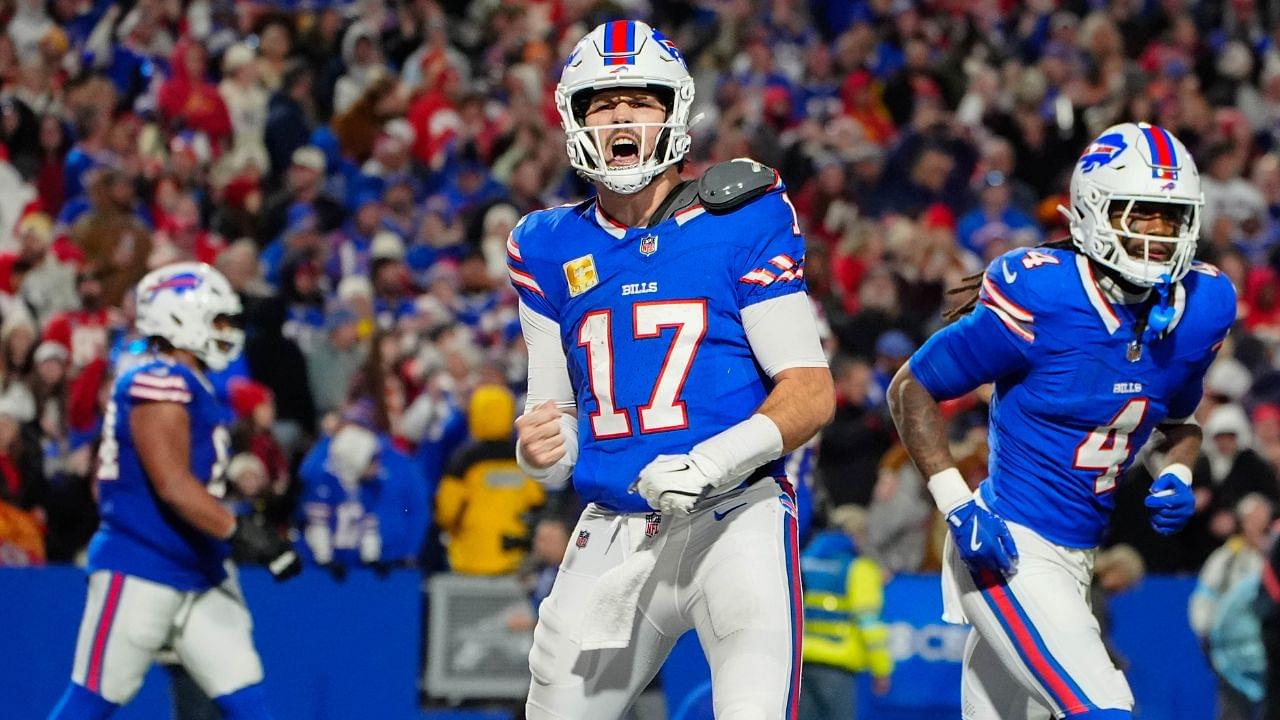 Buffalo Bills quarterback Josh Allen (17) reacts to scoring a touchdown against the Kansas City Chiefs during the second half at Highmark Stadium.