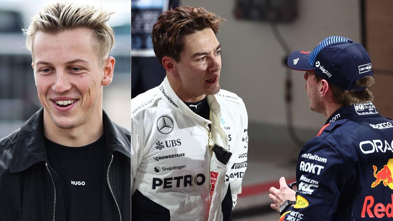 Liam Lawson (L), George Russell and Max Verstappen (R)