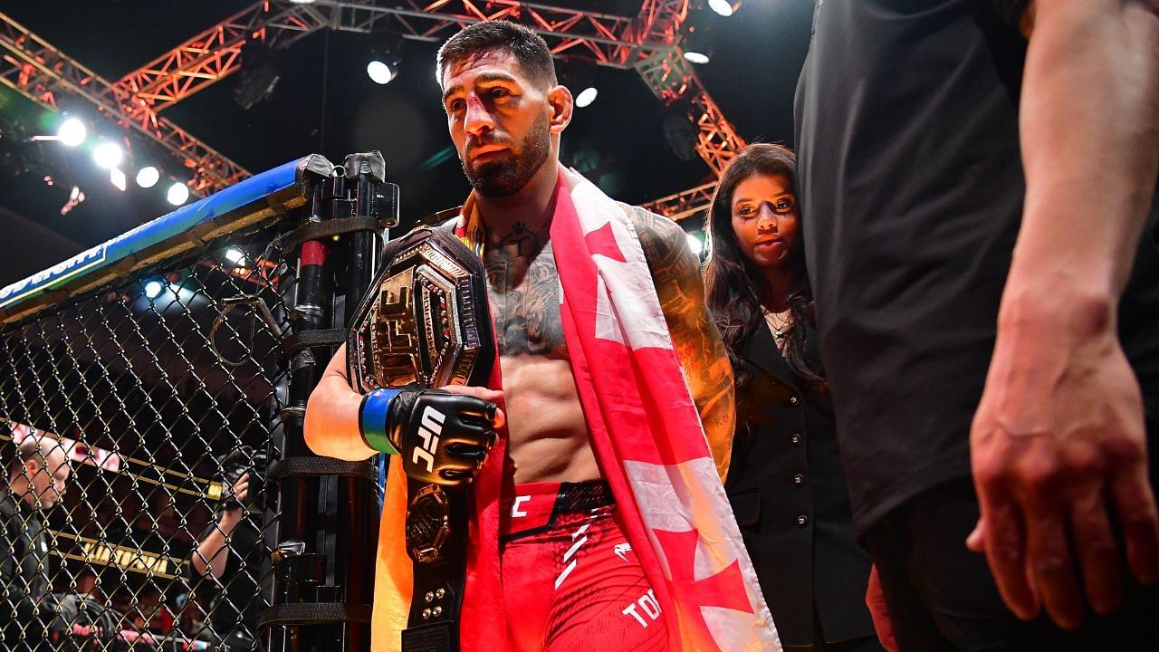 Ilia Topuria celebrates his championship victory against Alexander Volkanovski during UFC 298 at Honda Center.