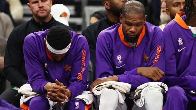 Phoenix Suns guard Bradley Beal (left) and forward Kevin Durant react on the bench against the Indiana Pacers at Footprint Center.