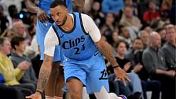 Los Angeles Clippers guard Norman Powell (24) celebrates after a 3-point basket in the second half against the Golden State Warriors at Intuit Dome.