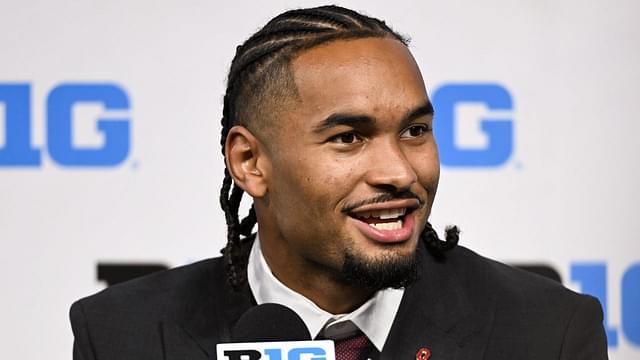 Ohio State Buckeyes wide receiver Emeka Egbuka speaks to the media during the Big 10 football media day at Lucas Oil Stadium.