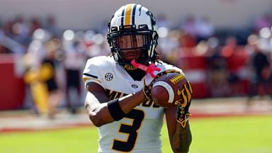 Missouri Tigers wide receiver Luther Burden III (3) warms up before a game against the Alabama Crimson Tide at Bryant-Denny Stadium.