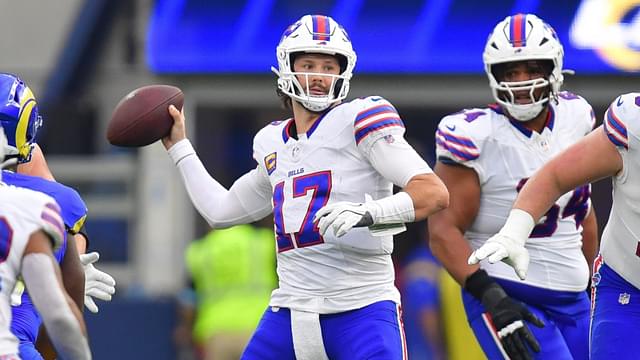 Dec 8, 2024; Inglewood, California, USA; Buffalo Bills quarterback Josh Allen (17) throws against the Los Angeles Rams during the first half at SoFi Stadium.