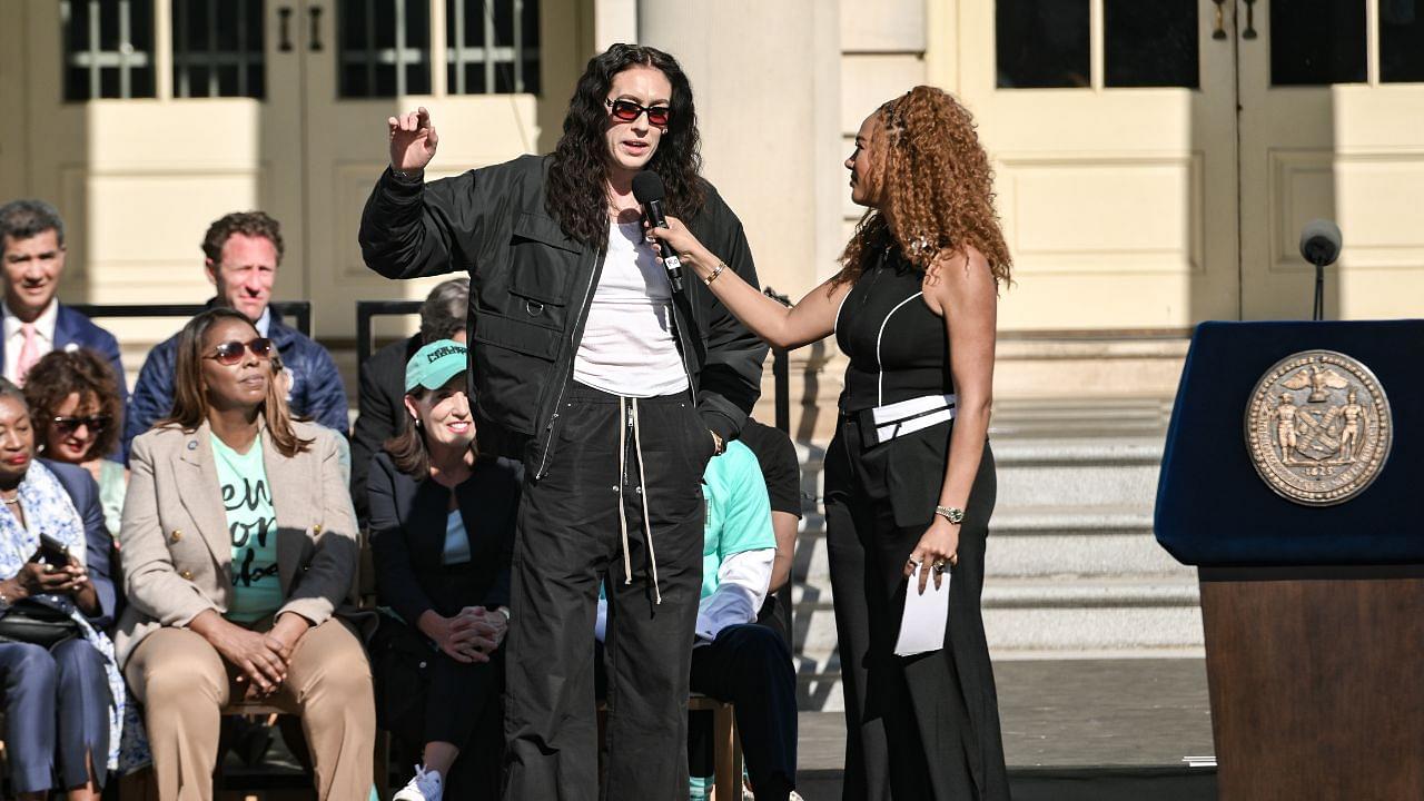 New York Liberty forward Breanna Stewart speaks during the teams championship celebration at City Hall in New York.