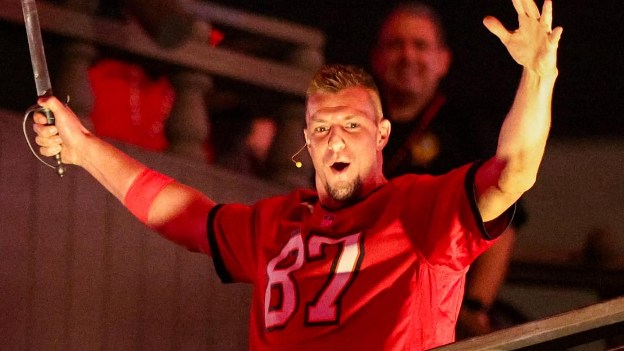 Oct 21, 2024; Tampa, Florida, USA; Rob Gronkowski former NFL tight end entertains the fans during a Monday Night Football game between the Baltimore Ravens and Tampa Bay Buccaneers at Raymond James Stadium.