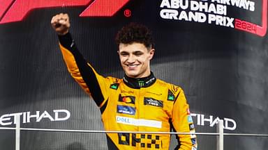 Lando Norris of McLaren celebrates on the podium during Formula 1 Abu Dhabi Grand Prix at Yas Marina Circuit on December 8th, 2024