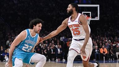 Charlotte Hornets guard Vasilije Micic (22) makes a move against New York Knicks forward Mikal Bridges (25) during the first half at Madison Square Garden.