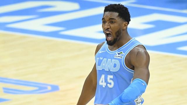 Cleveland Cavaliers guard Donovan Mitchell (45) celebrates in the fourth quarter against the Utah Jazz at Rocket Mortgage FieldHouse