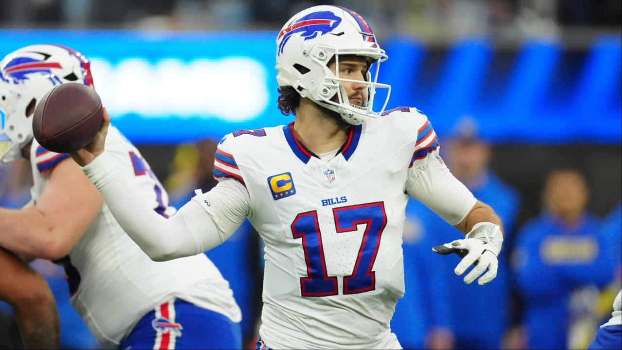 Buffalo Bills quarterback Josh Allen (17) throws the ball against the Los Angeles Rams in the second half at SoFi Stadium.