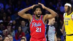 Philadelphia 76ers center Joel Embiid (21) reacts to a play against the Indiana Pacers during the first quarter at Wells Fargo Center.