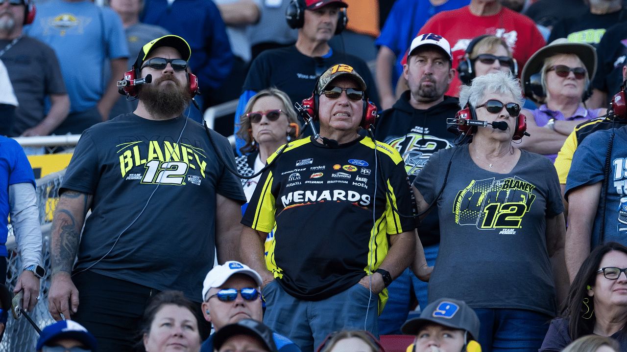 Nov 10, 2024; Avondale, Arizona, USA; Fans in the crowd wear clothing apparel of NASCAR Cup Series driver Ryan Blaney (12) during the NASCAR Cup Series Championship race at Phoenix Raceway. Mandatory Credit: Mark J. Rebilas-Imagn Images