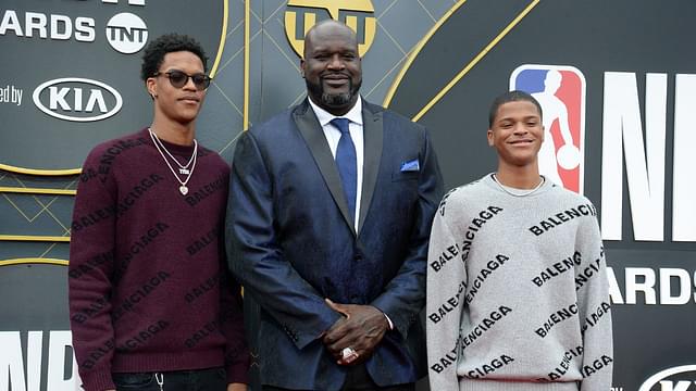 NBA former player Shaquille O'Neal with sons Sharif O'Neal and Shaqir O'Neal arrive on the red carpet for the 2019 NBA Awards show at Barker Hanger.