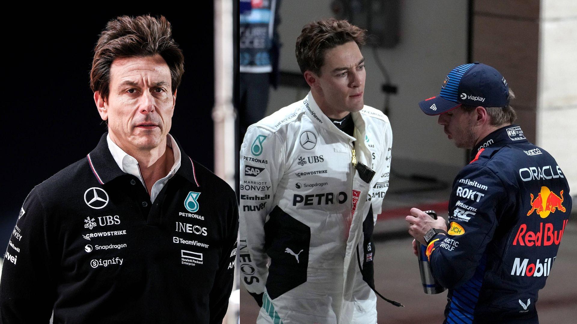 Toto Wolff (L), George Russell and Max Verstappen (R)